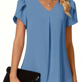 Solid V-neck Petal Sleeve Blouse, Versatile Simple Blouse For Spring & Summer, Women's Clothing
