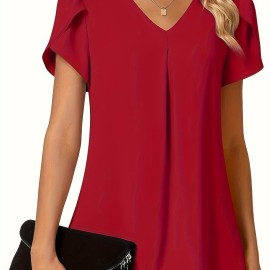Solid V-neck Petal Sleeve Blouse, Versatile Simple Blouse For Spring & Summer, Women's Clothing