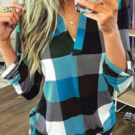 Casual Plaid Shirt, Long Sleeve V-neck Shirt,  Casual Every Day Tops, Women's Clothing