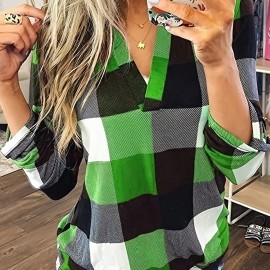 Casual Plaid Shirt, Long Sleeve V-neck Shirt,  Casual Every Day Tops, Women's Clothing