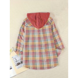 Plaid Print Hooded Shirt, Casual Long Sleeve Drawstring Shirt, Women's Clothing