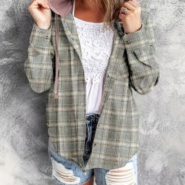 Plaid Print Hooded Shirt, Casual Long Sleeve Drawstring Shirt, Women's Clothing