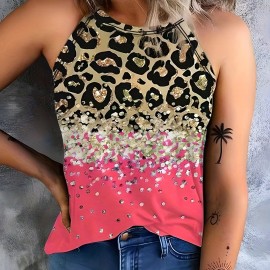 Leopard Print Halter Tank Top, Casual Sleeveless Tank Top For Summer, Women's Clothing