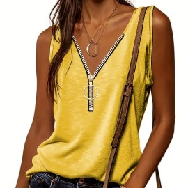 Half Zip Solid Tank Top, Casual Sleeveless Summer Tank Top, Women's Clothing