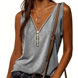 Half Zip Solid Tank Top, Casual Sleeveless Summer Tank Top, Women's Clothing