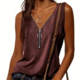 Half Zip Solid Tank Top, Casual Sleeveless Summer Tank Top, Women's Clothing