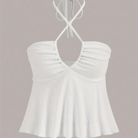 Cross Front Ruched Halter Top, Casual Tie Back Summer Sleeveless Top, Women's Clothing