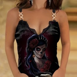 Floral Print Chain Linked Top, Sexy Contrast Lace Summer Sleeveless Top, Women's Clothing