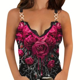 Floral Print Chain Linked Top, Sexy Contrast Lace Summer Sleeveless Top, Women's Clothing