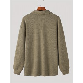 Retro Knitted Cable Sweater, Men's Casual Warm Slightly Stretch LapelPullover Sweater For Men Fall Winter