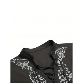 Cotton Boho Style Pattern Embroidery Men's 2 Pieces Outfits, Long Sleeve Lace Up Shirt And Drawstring Solid Trousers Set