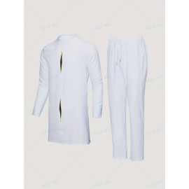 Men's Outfit Set, Crew Neck Long Sleeve Robe And Drawstring Trousers, 2 In 1 Set For Cultural Activities In African