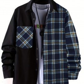 Plaid Pattern Men's Casual Thin Long Sleeve Color Block Button Up Shirt With Chest Pocket, Male Clothes For Summer Spring And Fall