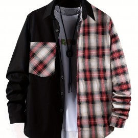 Plaid Pattern Men's Casual Thin Long Sleeve Color Block Button Up Shirt With Chest Pocket, Male Clothes For Summer Spring And Fall