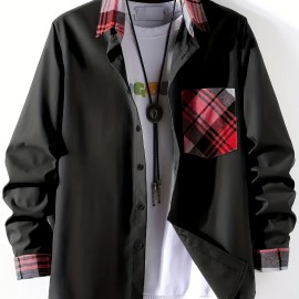 Plaid Pattern Men's Casual Thin Long Sleeve Color Block Button Up Shirt With Chest Pocket, Male Clothes For Summer Spring And Fall