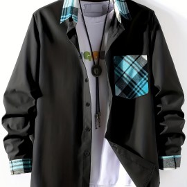 Plaid Pattern Men's Casual Thin Long Sleeve Color Block Button Up Shirt With Chest Pocket, Male Clothes For Summer Spring And Fall