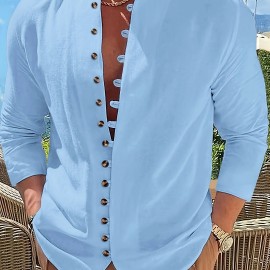 Retro Style Men's Casual Solid Long Sleeve Shirt, Men's Clothes For Spring Summer Autumn, Tops For Men