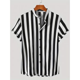 Men's Casual Stripe Mismatch Pattern Mandarin Collar Short Sleeve Shirt, Male Hawaiian Shirt For Summer