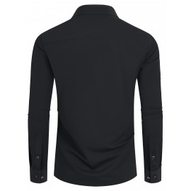 Basic Solid Men's Daily Stretch Formal Dress, Men's Slim Fit Long Sleeve Button Up Shirt, Spring Fall