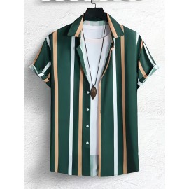 Men's Stripe Turndown Collar Short Sleeve Shirt, Trendy Comfy Shirt For Summer